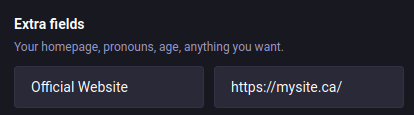 Mastodon "Extra fields" section in profile settings. A label field contains "Official Website" and the value field contains "https://mysite.ca/". This is where you add your website URL after pasting the verification code on your site.