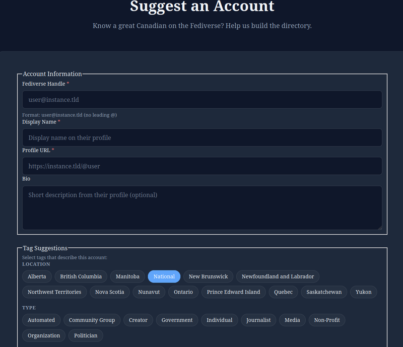 A screenshot of the submission form when suggesting an account for the follow list builder